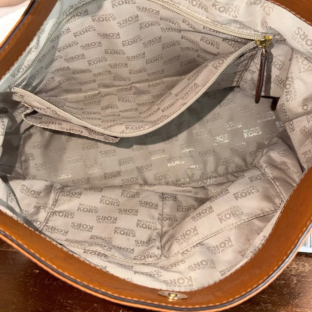 Michael Kors Millbrook Hobo Bag Monogram Canvas Tan Leather Shoulder Bag Large